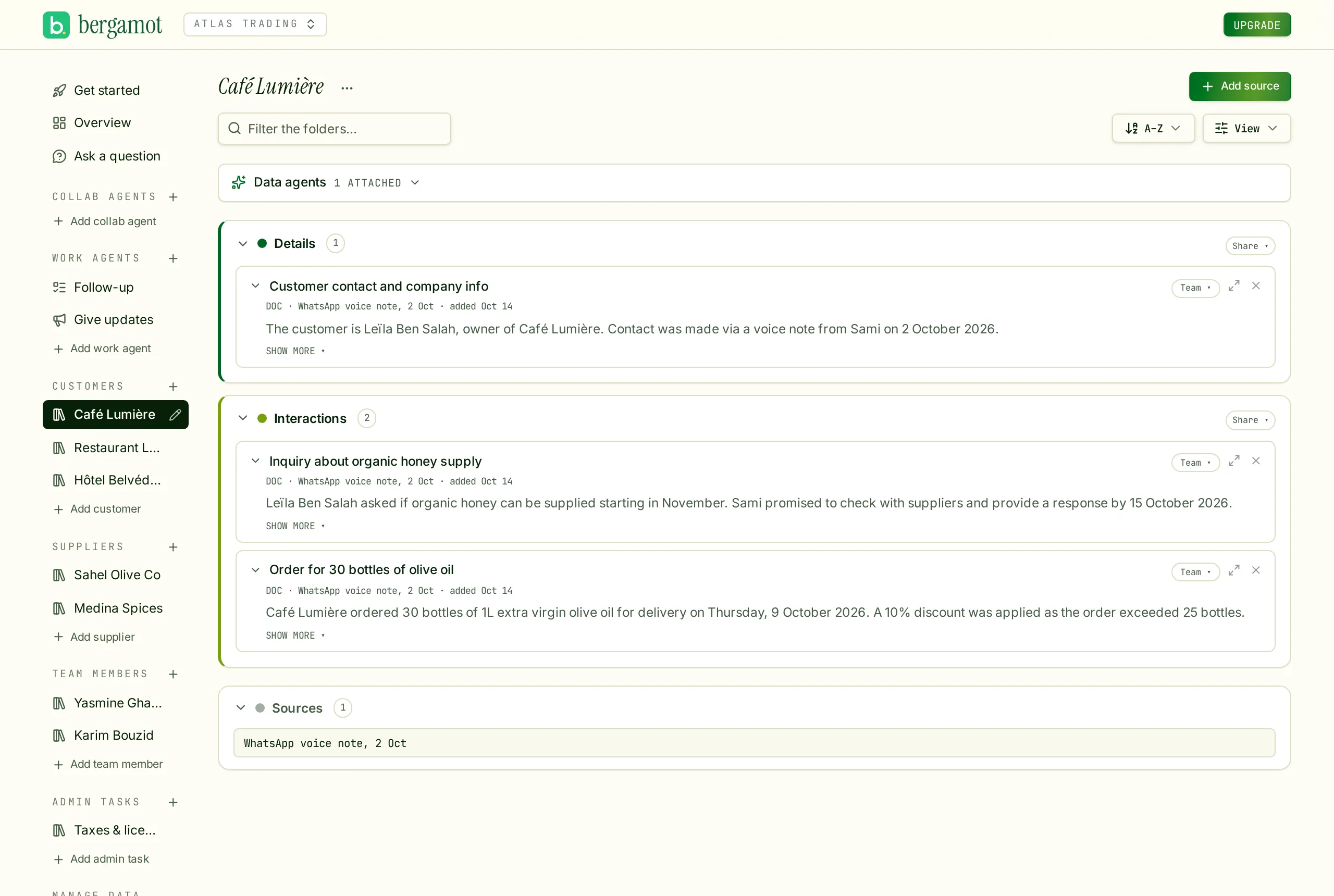 A customer folder in Bergamot with details, interactions and their source
